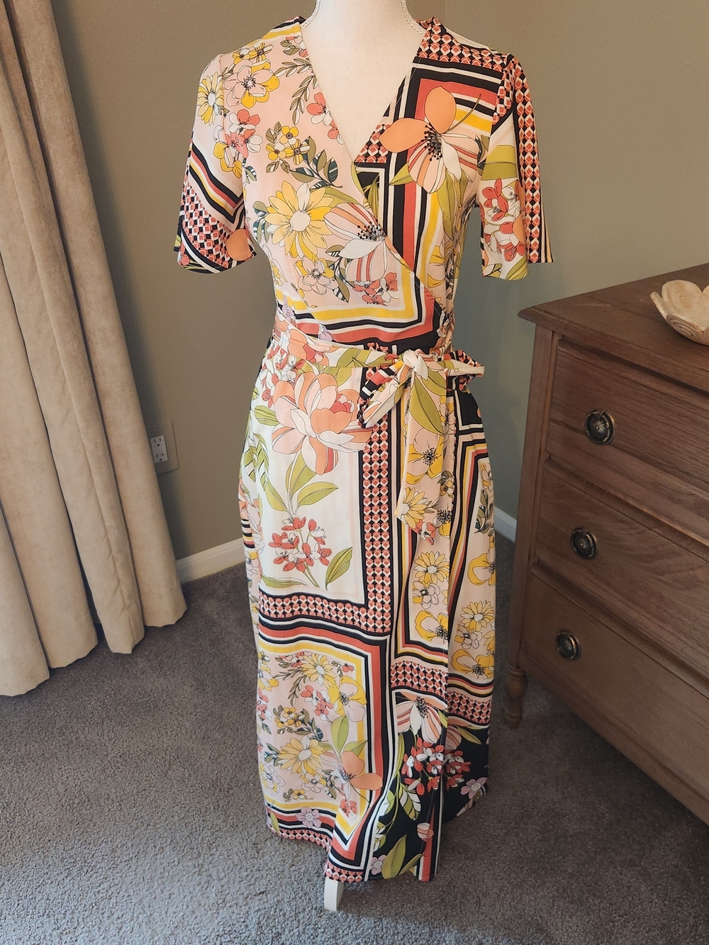 Who What Wear Peach and Yellow Floral Patchwork Wrap Maxi Dress